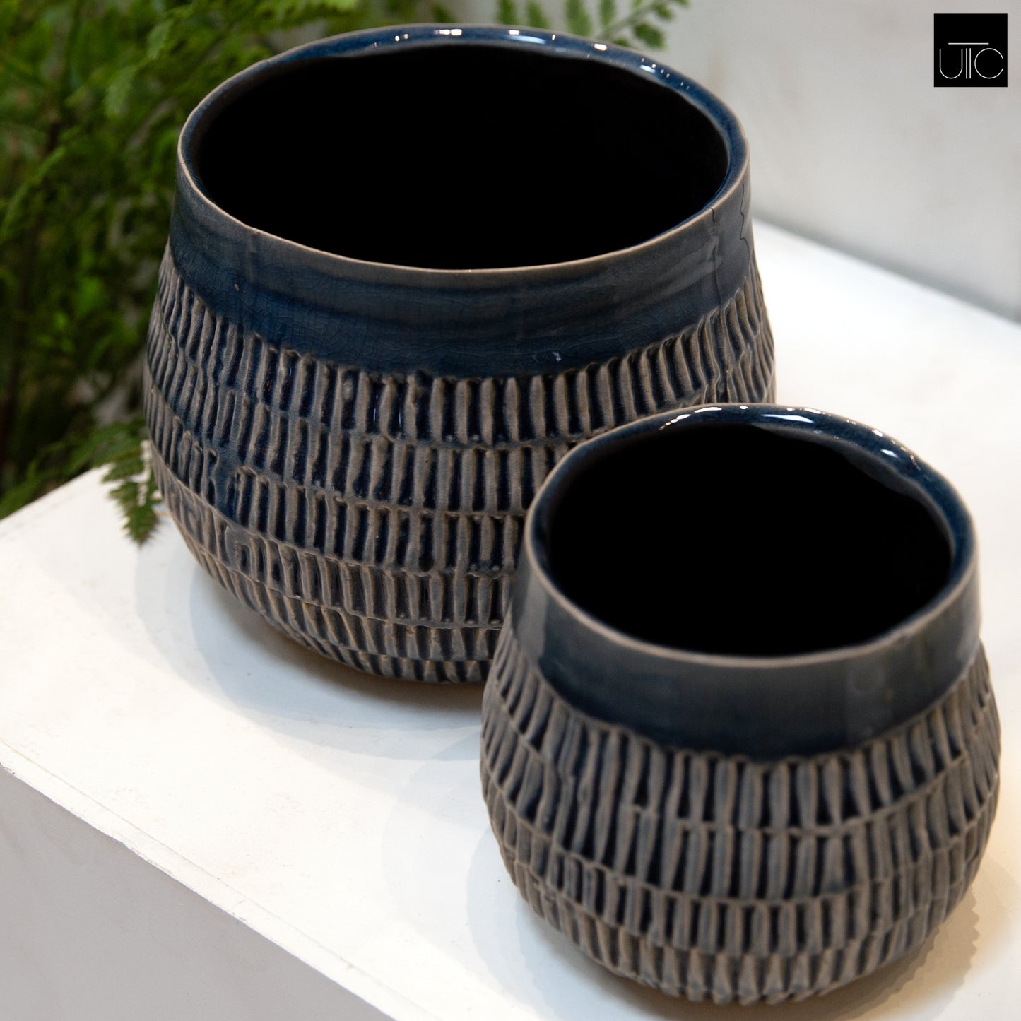 Ceramic Short Bellied Round Vase Set of Two Gloss Finish Blue