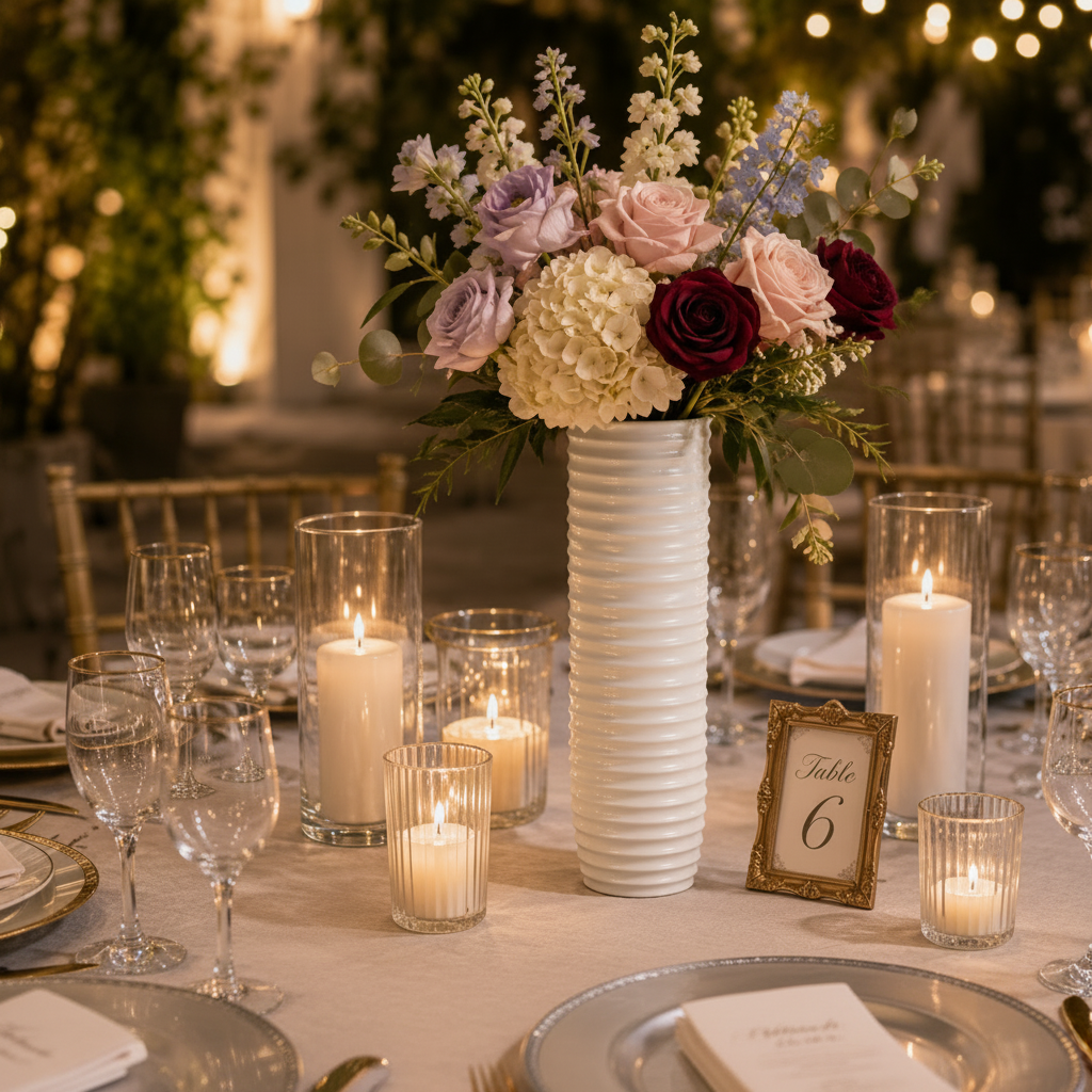 A floral centerpiece in a tall white ribbed vase on a decorated event table, surrounded by lit candles, wine glasses, and a small table number 6. The bouquet includes blush pink, lavender, and cream flowers with green foliage, set against a softly blurred background with warm string lights.