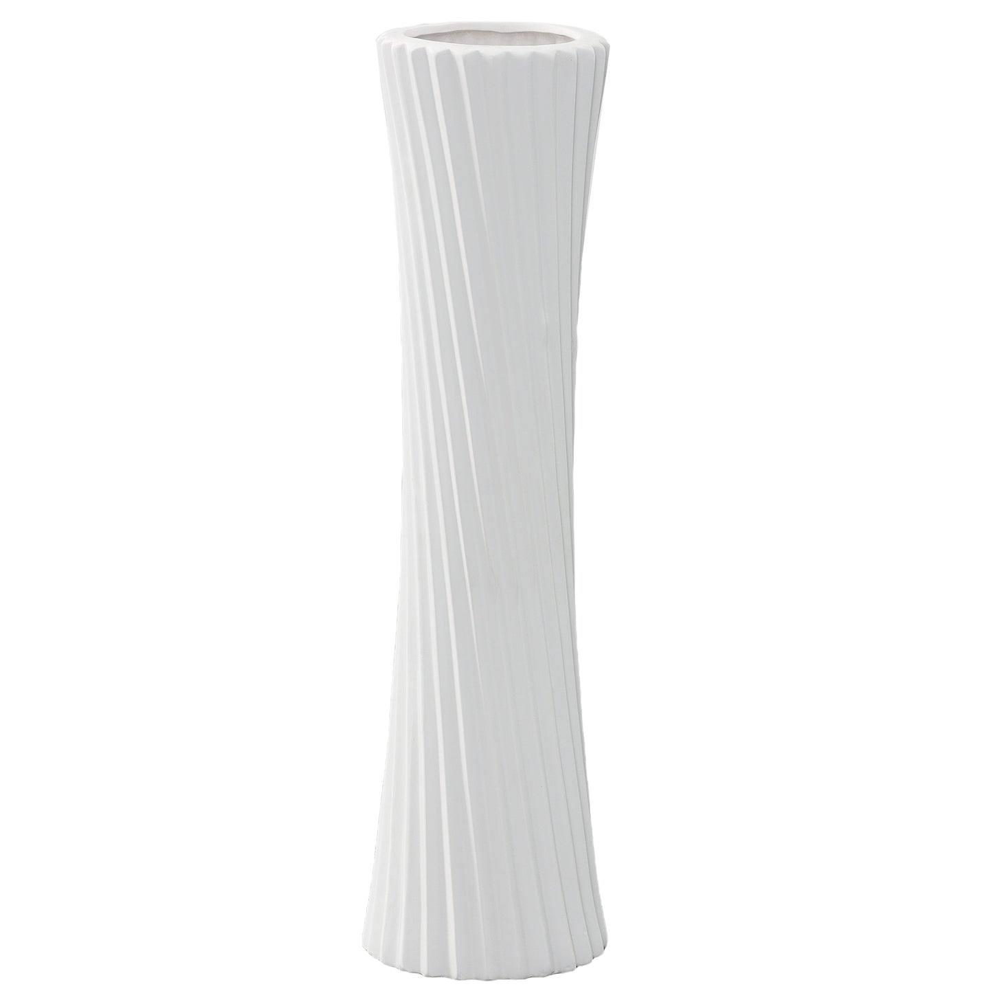 A matte finish white ceramic round vase with slanting lines design body and flared bottom.