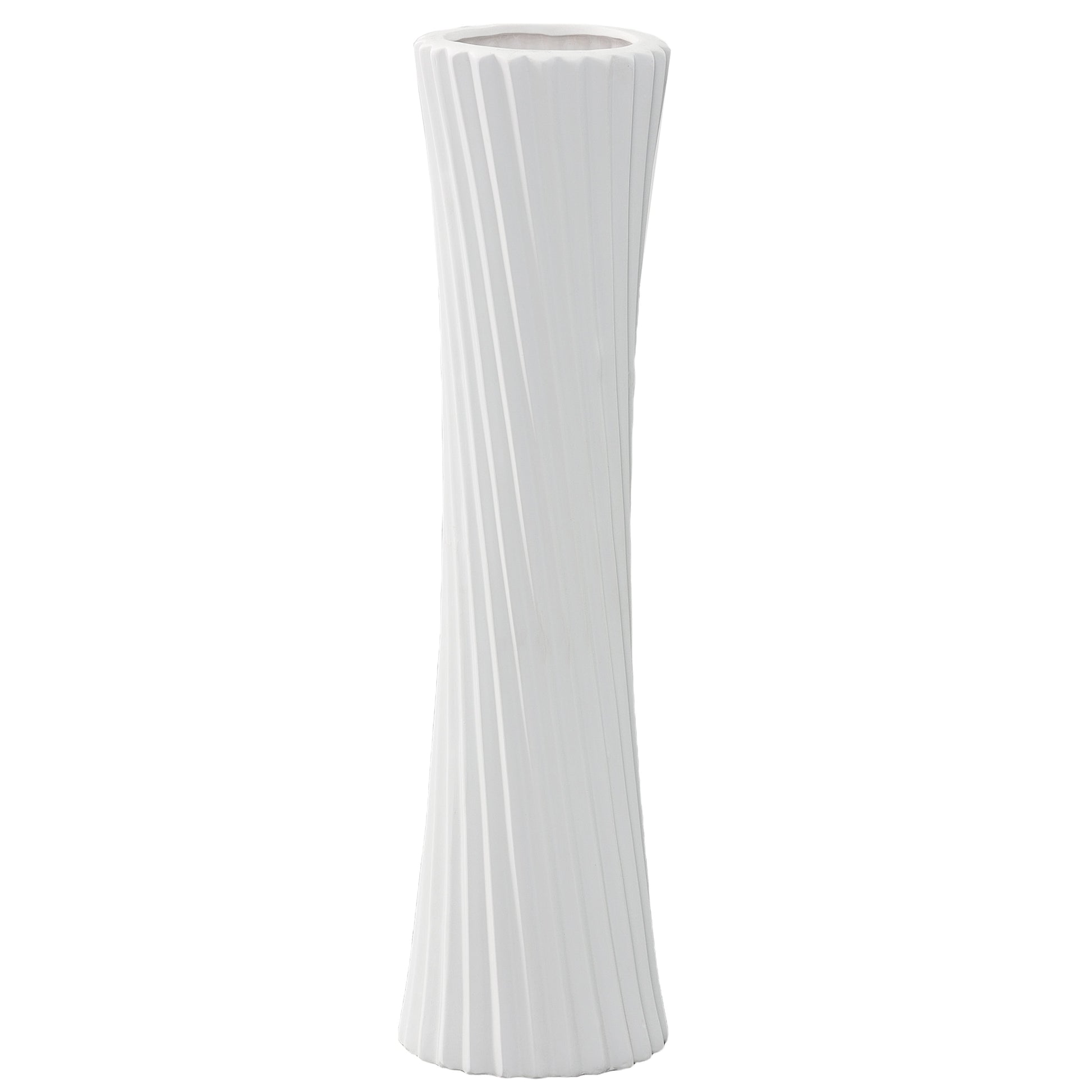 A matte finish white ceramic round vase with slanting lines design body and flared bottom.