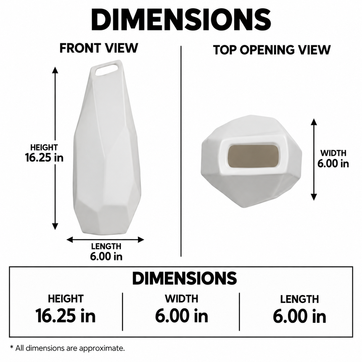 A dimension diagram showing a white faceted plastic bag or container from front and top views, with labeled measurements for height 16.25 in, width 6.