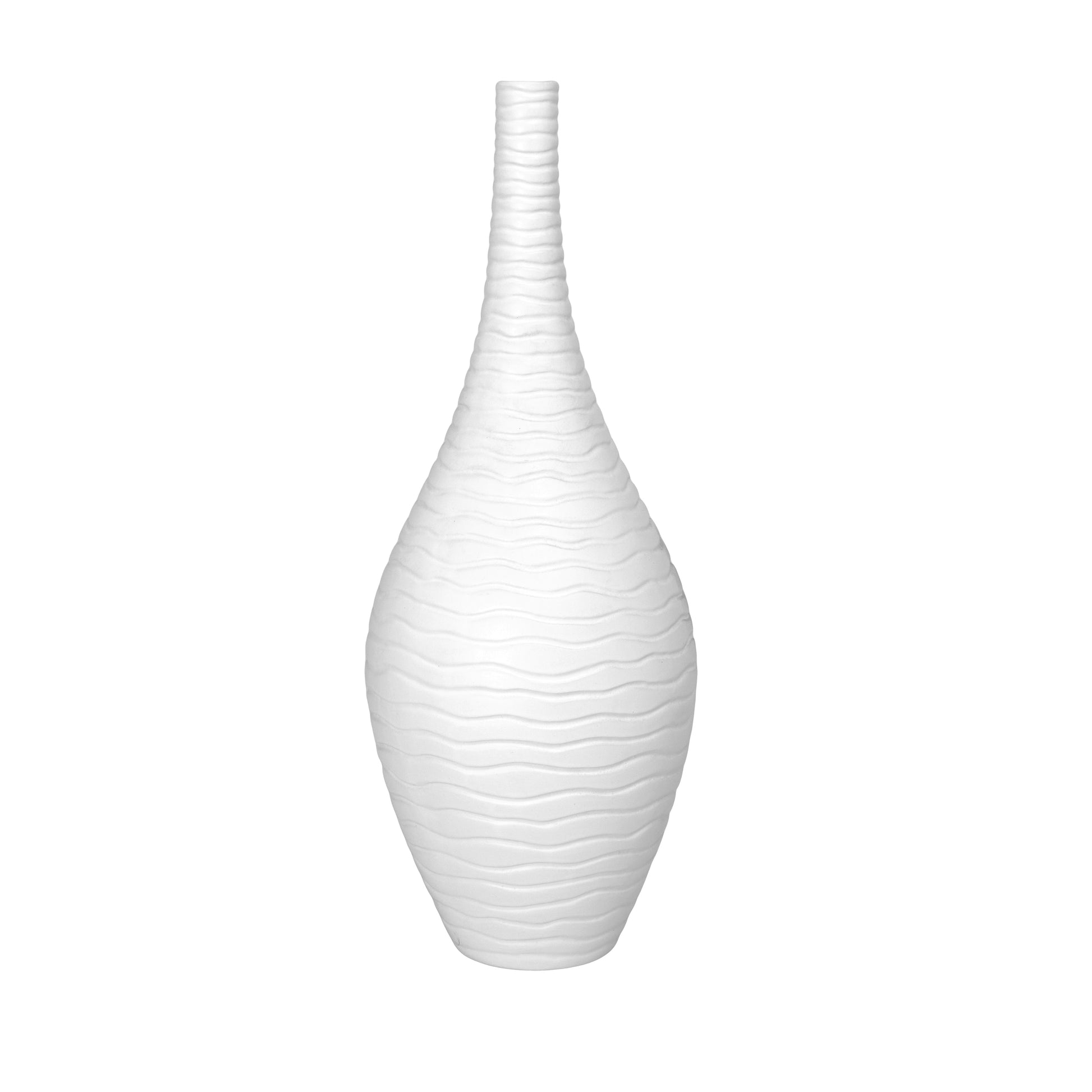 A matte finish white ceramic vase with a ribbed design body and tapered bottom.