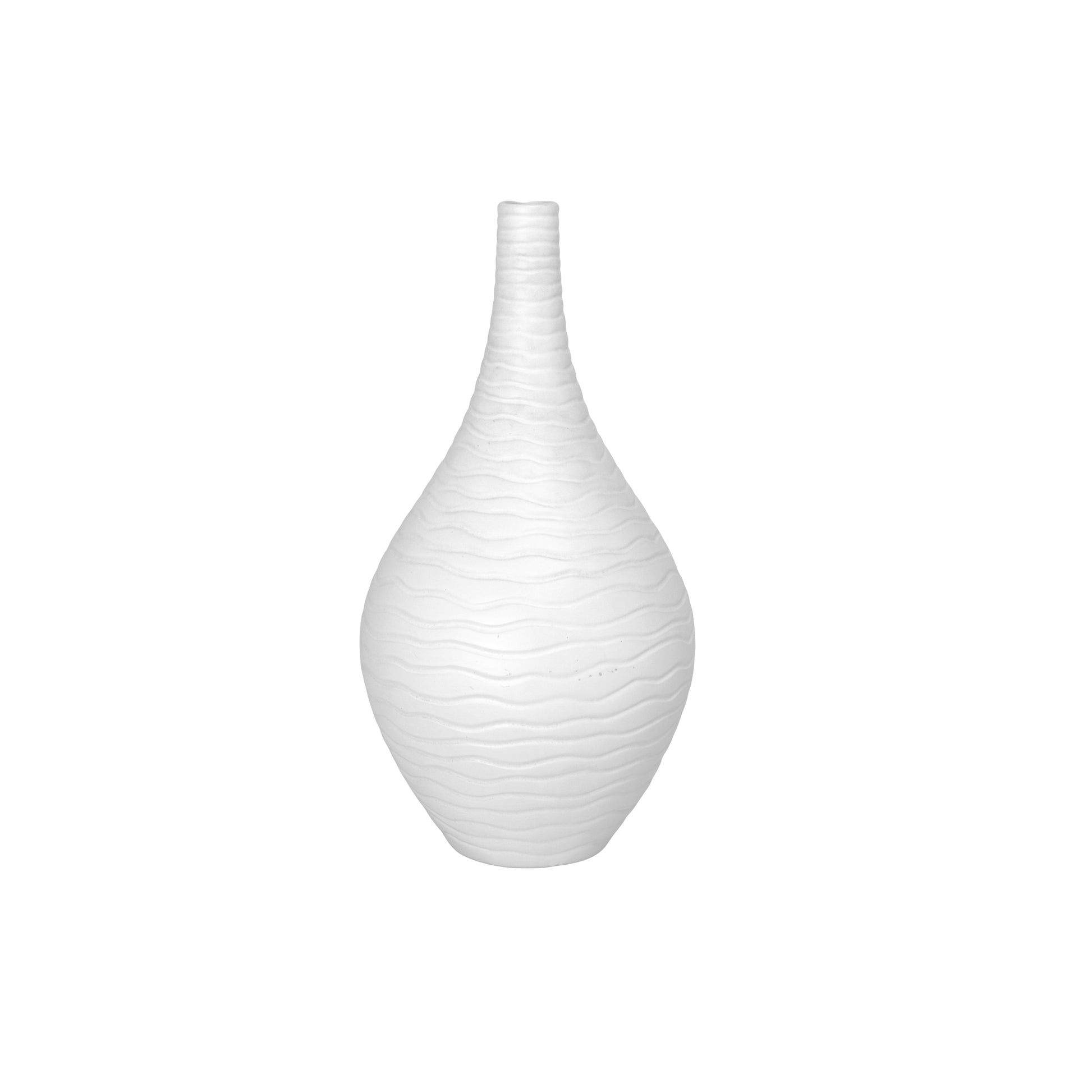 A matte finish white ceramic vase with a ribbed design body and tapered bottom.