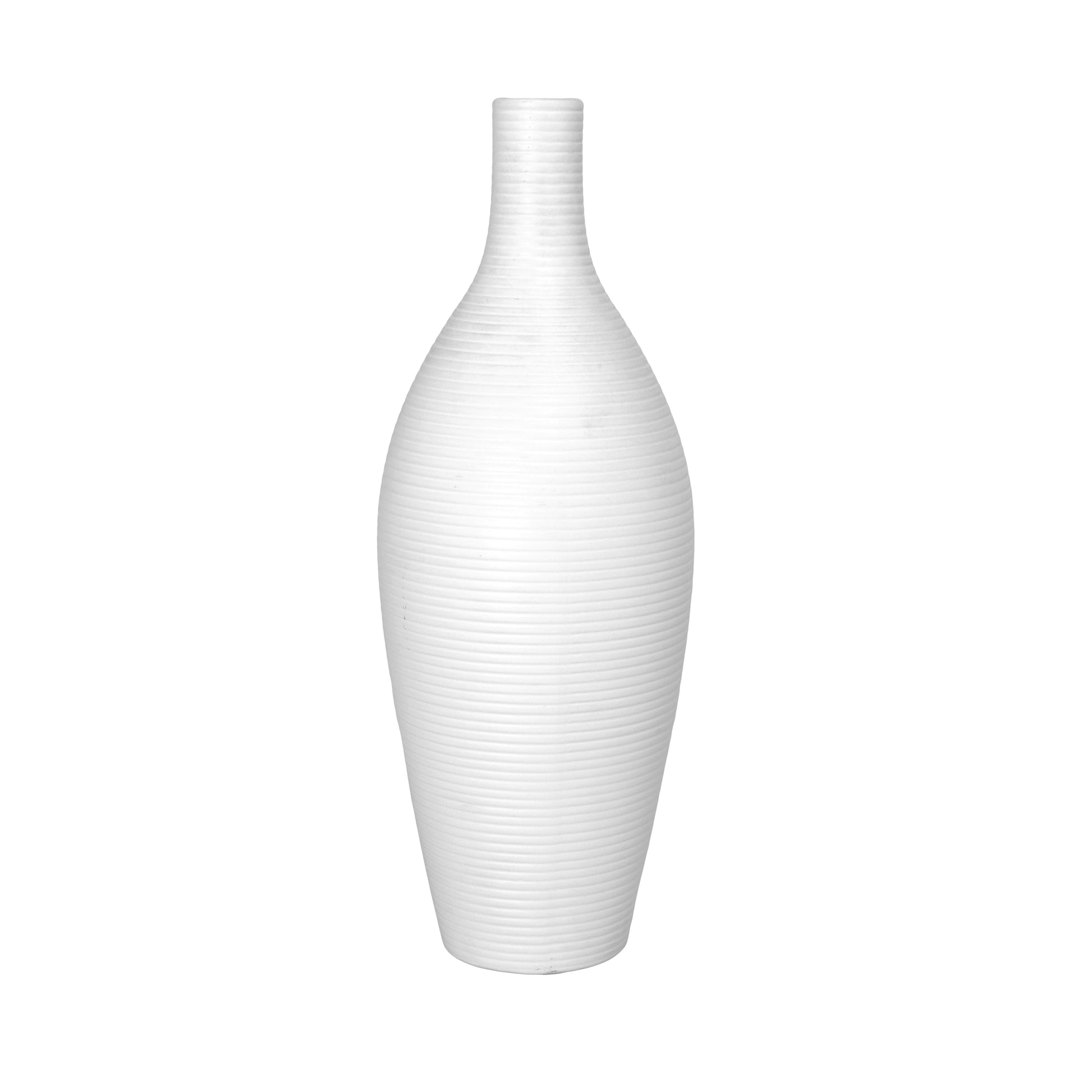 A matte finish white ceramic vase with a ribbed design body and a tapered bottom.
