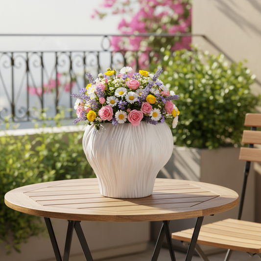 Aliona Bulbous Clay Planter with Wavy Rim & Vertical Ridges
