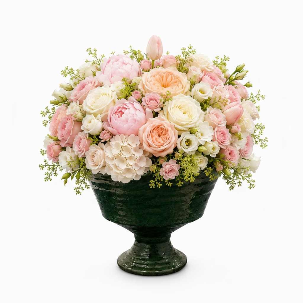 A large floral arrangement featuring pink, peach, and cream roses, peonies, and hydrangeas in a dark green pedestal urn, photographed against a solid white background.