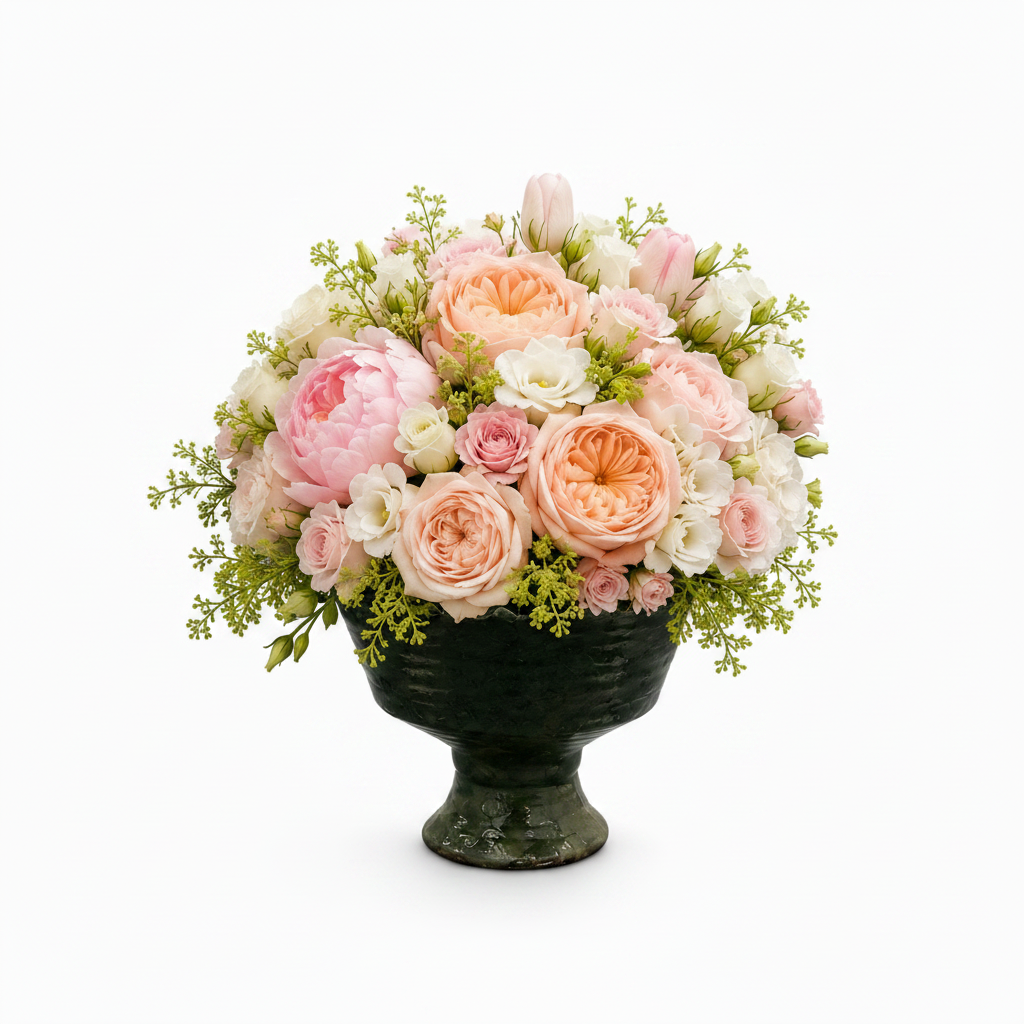A floral arrangement of pink and peach roses, peonies, white blossoms, and green foliage in a dark green pedestal urn, photographed on a clean white background.