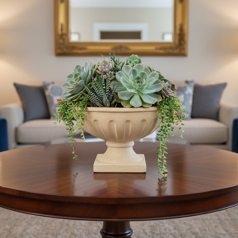 Beige decorative urn on a living room table