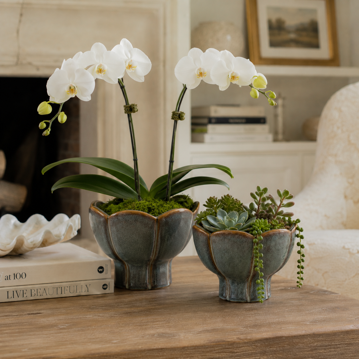 Vixen Scalloped Lotus Pedestal Ceramic Planter - Green