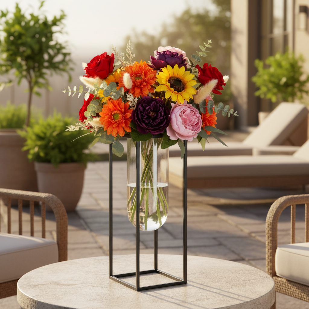 A vibrant artificial flower arrangement featuring red roses, orange and yellow sunflowers, purple peonies, pink carnations, and green foliage, displayed in a clear glass vase suspended within a black metal frame stand against a white background.