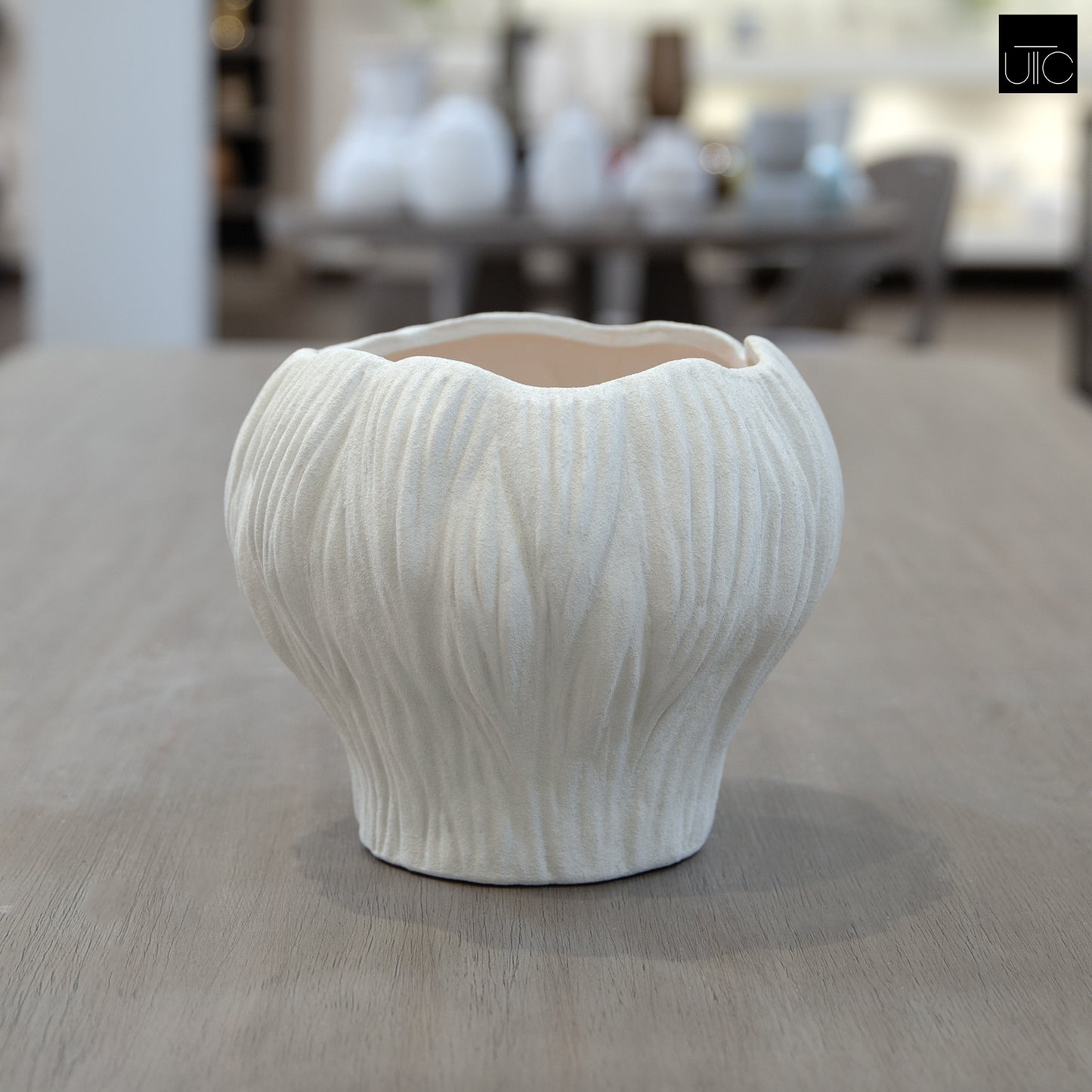 Aliona Bulbous Clay Planter with Wavy Rim & Vertical Ridges