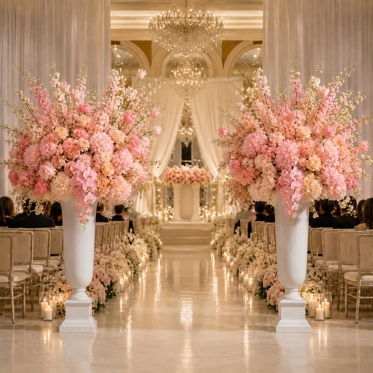 A grand wedding chapel aisle with two massive white pedestals holding towering floral arrangements in blush pink, peach, and cream tones. Rows of chairs line both sides under draped white curtains and hanging crystal chandeliers, with small candles placed along the floor.