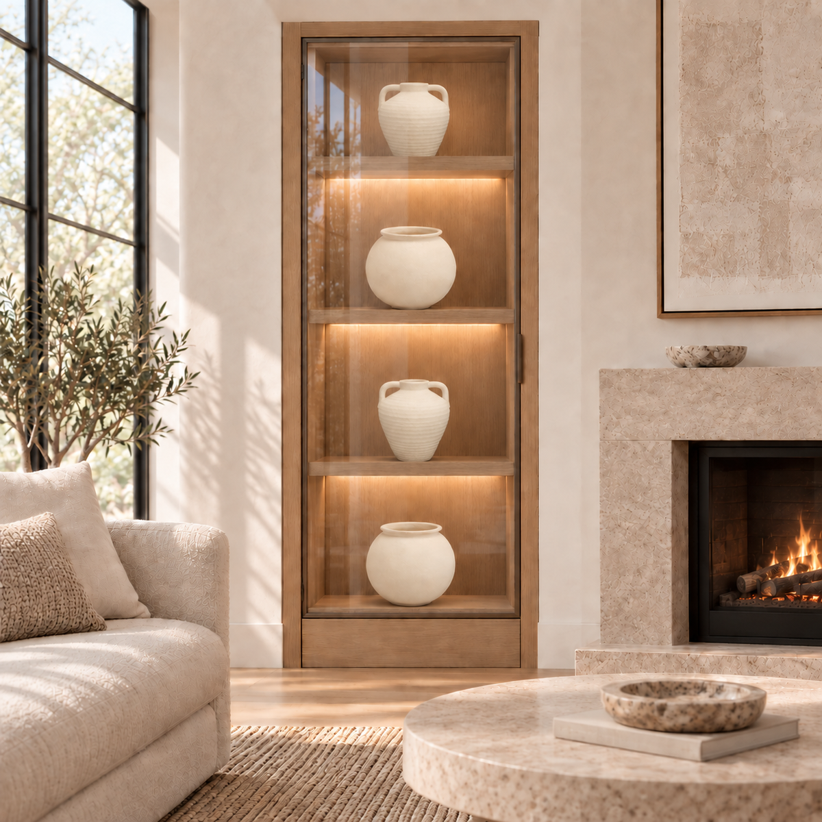 A tall wooden display cabinet with glass doors and warm interior lighting, styled with four white ceramic vases in a modern living room next to a sofa and fireplace.