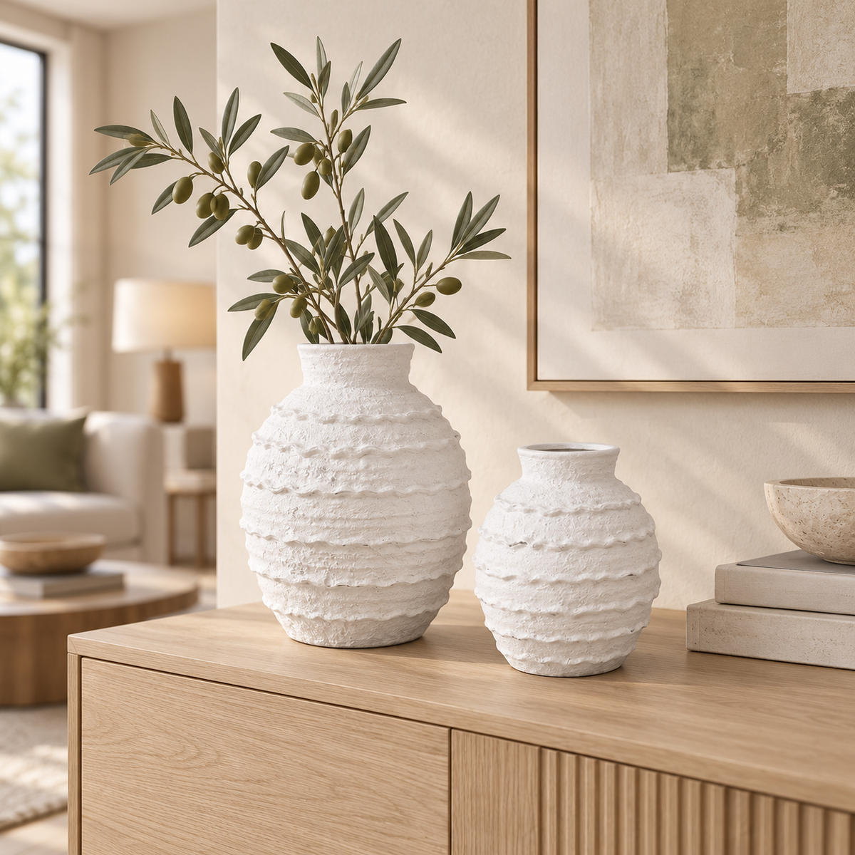 Two textured off-white ceramic vases with ribbed patterns, one large and one small, displayed on a light wood console table in a warm, modern living room setting.