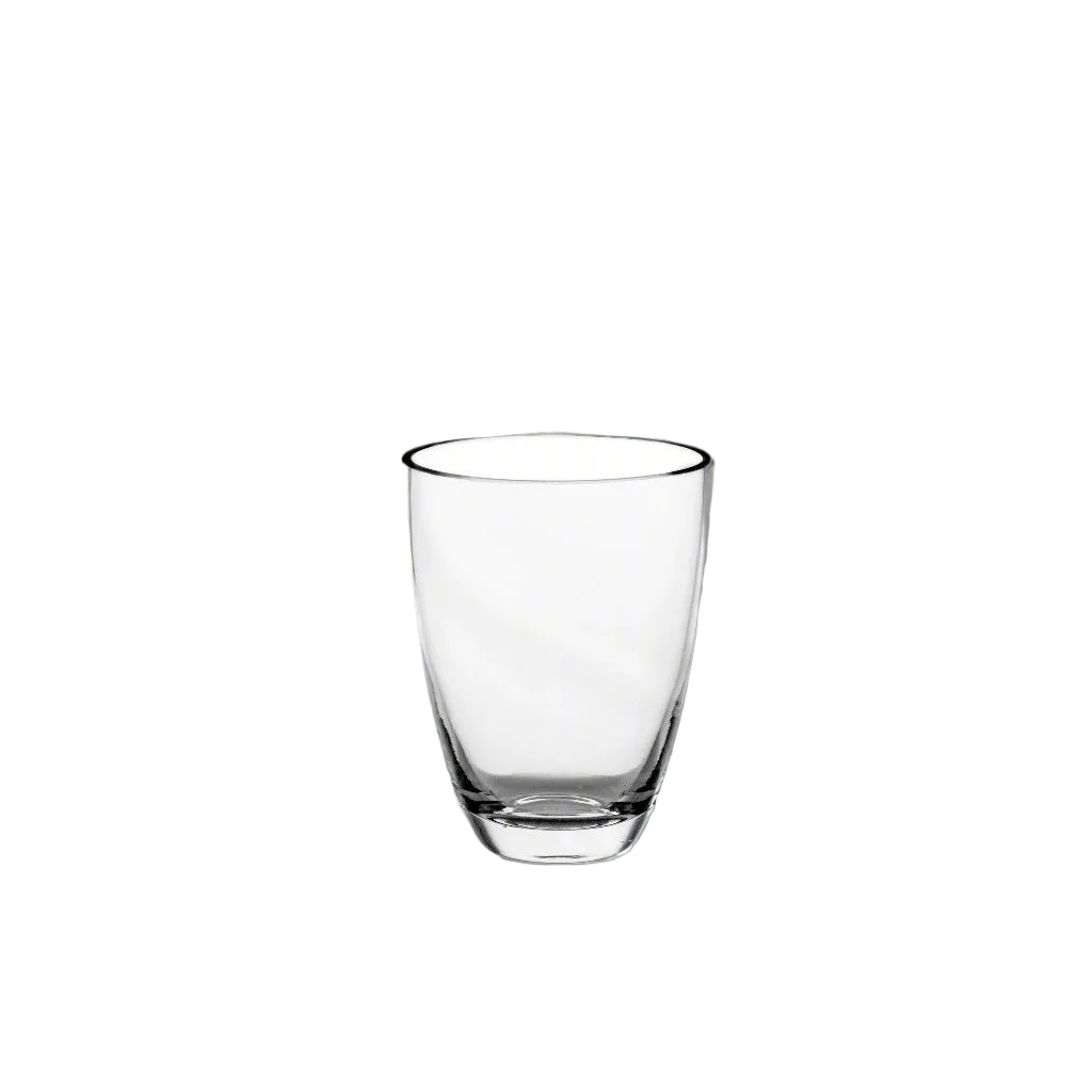 A clear glass tumbler with a wide rim and a thick base, shown on a plain white background.