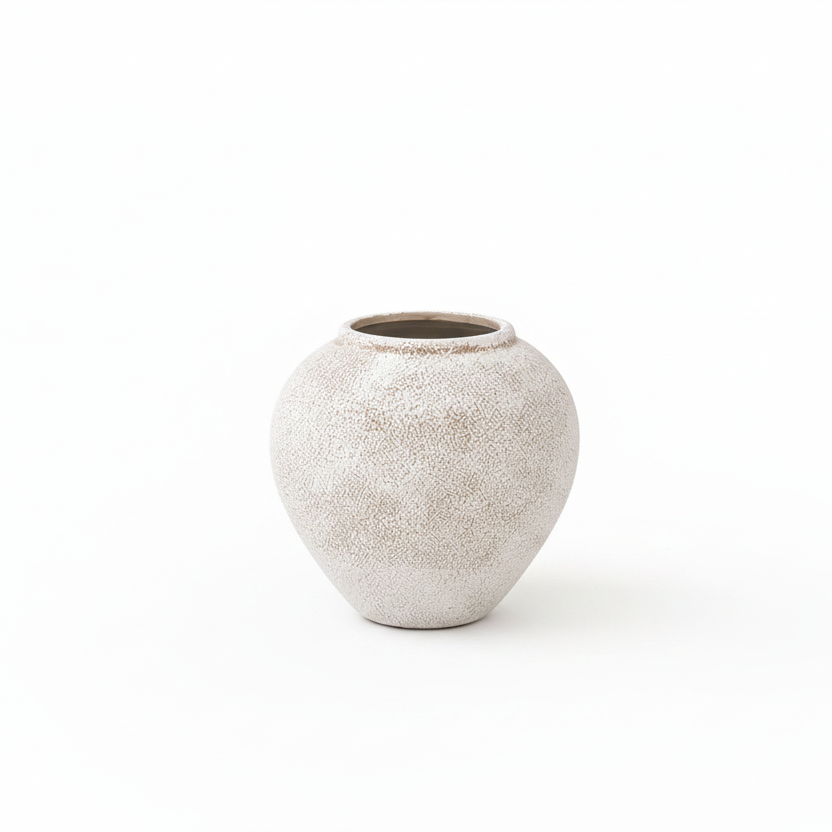 A small round ceramic vase with a textured, speckled finish in a light beige and gray color, set against a solid white background.
