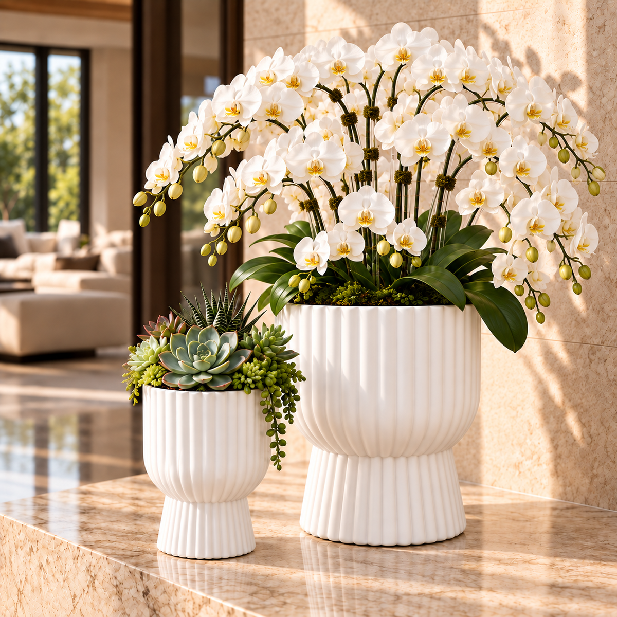 Xena Fluted Pedestal Fiberglass Planter Set (Set of 2)