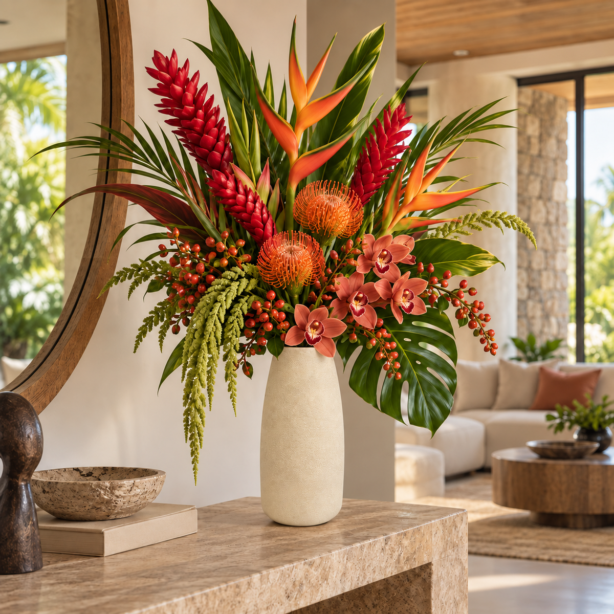 A vibrant tropical floral arrangement in a textured cream ceramic vase, displayed on a stone console table in a modern, sunlit living room.