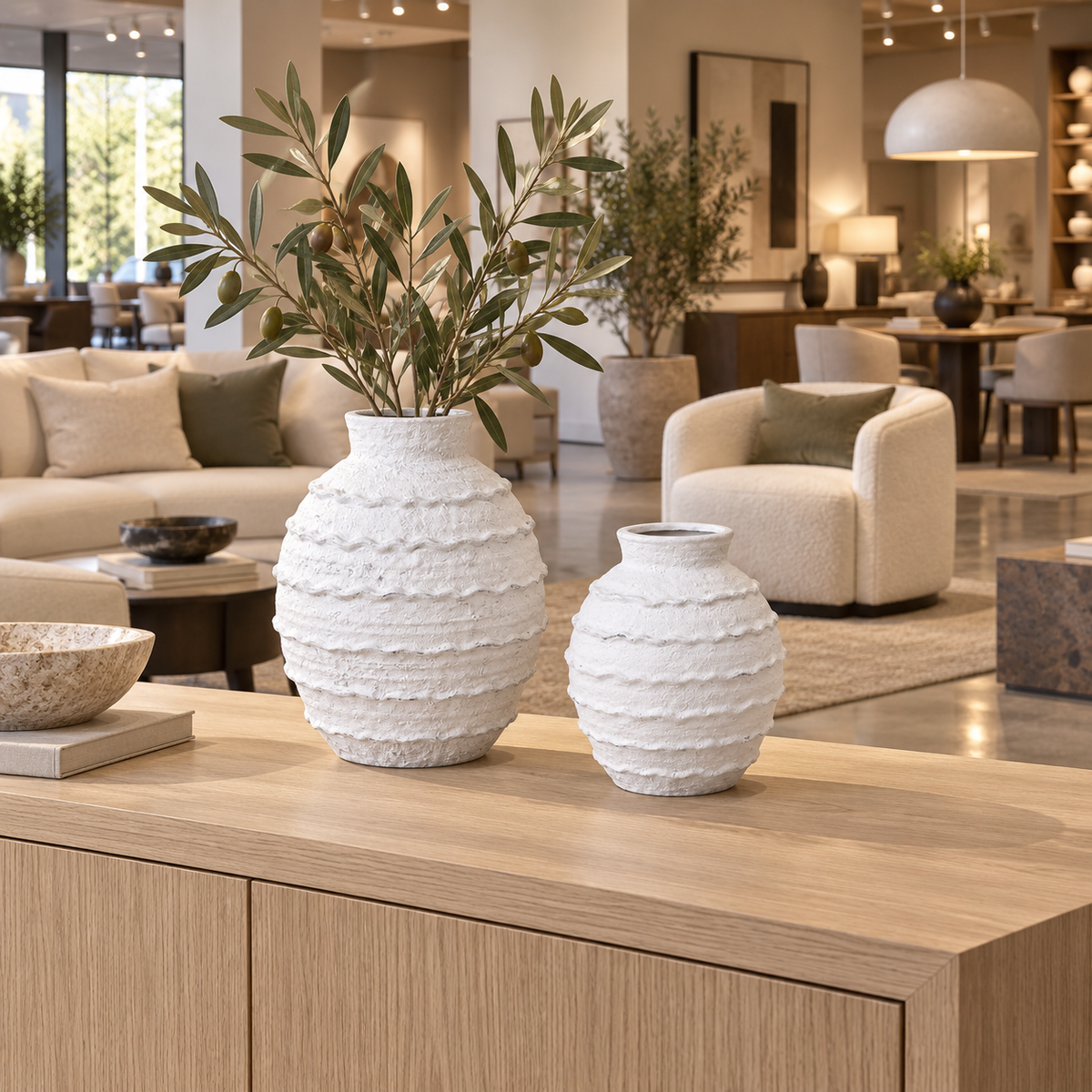 Two textured white ceramic vases with olive green branches, one large and one small, displayed on a light wood console table in a modern, upscale living room showroom.