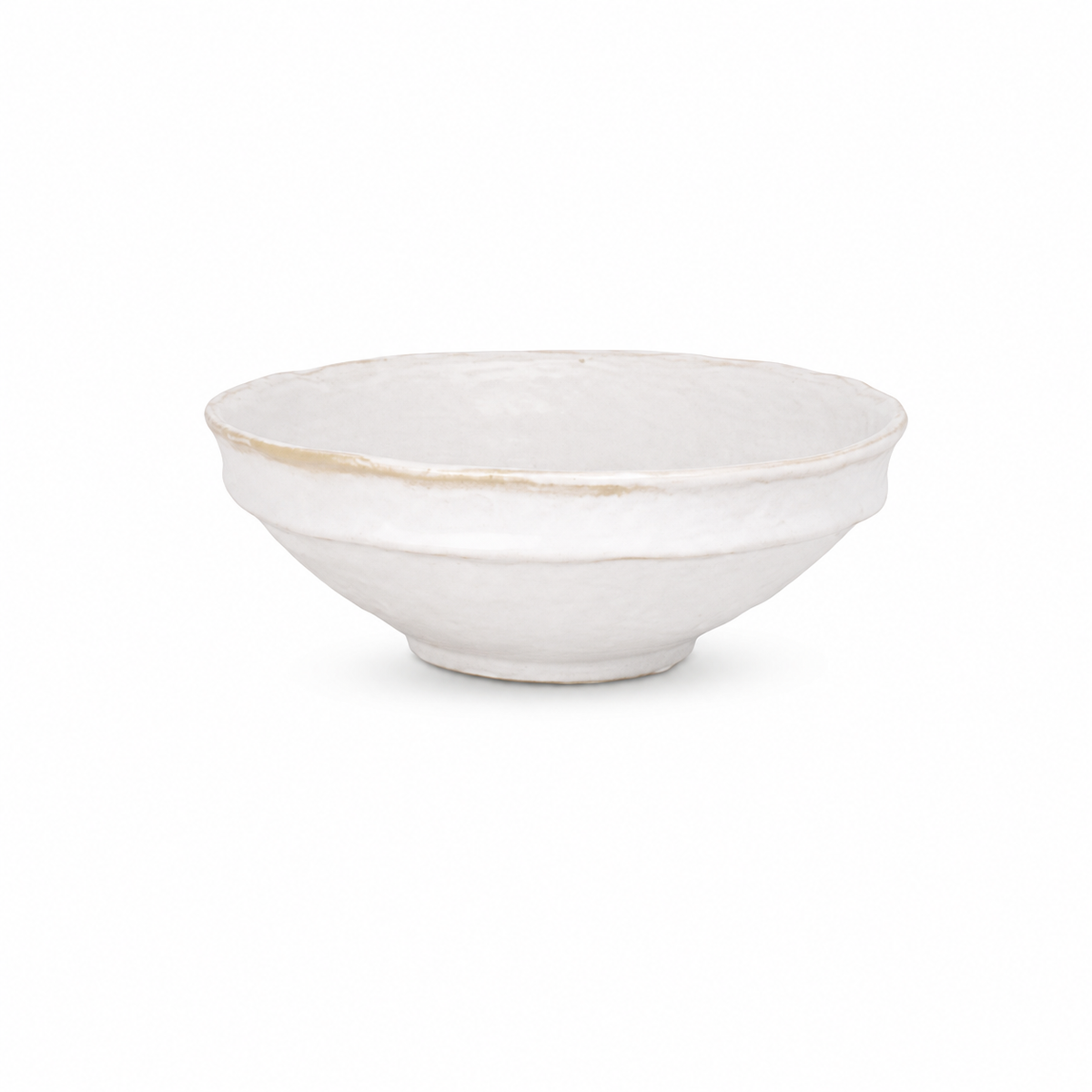 A white ceramic bowl with a textured, hand-painted finish and a subtle gold-toned rim, shown against a plain white background.