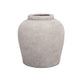 A solid gray terracotta vase with a rounded shape and no visible patterns or text.