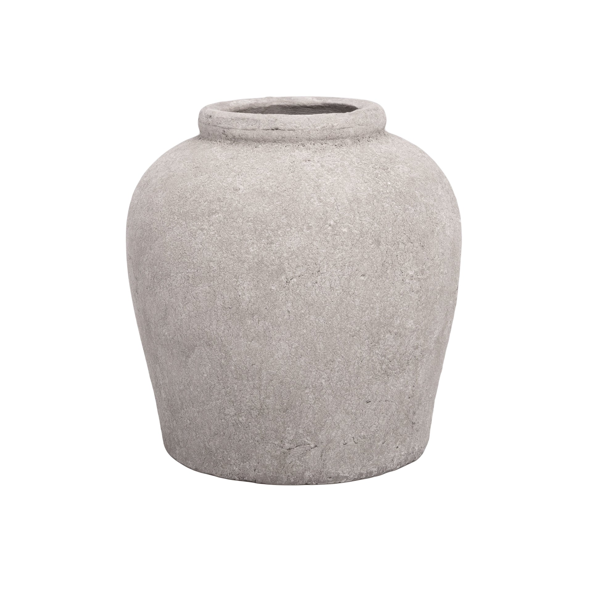 A solid gray terracotta vase with a rounded shape and no visible patterns or text.