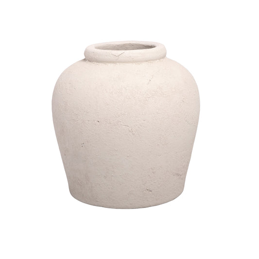 A solid gray terracotta vase with a rounded shape and no visible patterns or text.