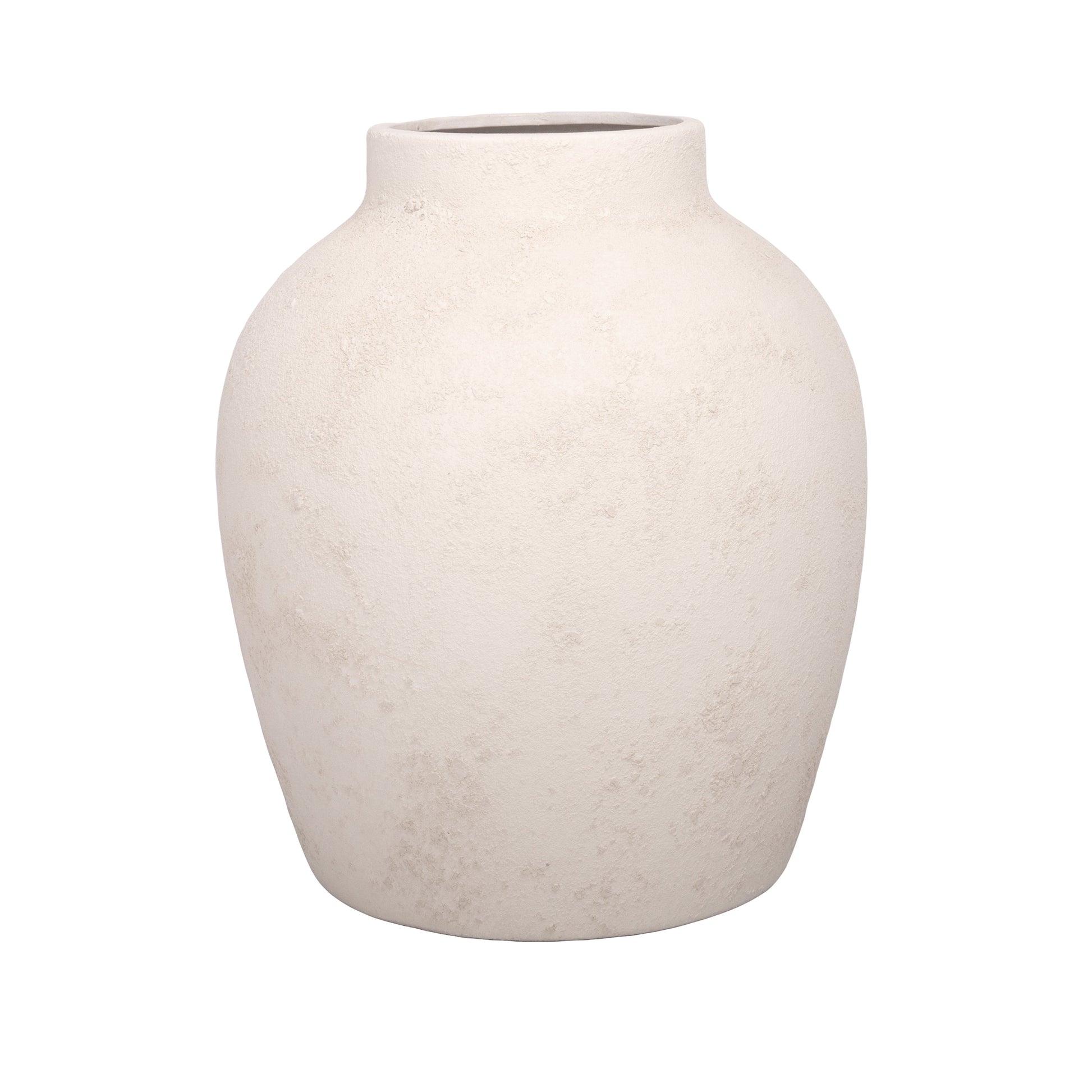A solid gray terracotta vase with a rounded shape and no visible patterns or text.