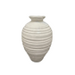 A ribbed ceramic vase with a flared rim, featuring a textured off-white glaze and a subtle gray shadow on a plain white background.