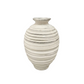 A handmade ceramic vase with a ribbed, horizontal textured pattern and a small flared neck, shown on a seamless white background.
