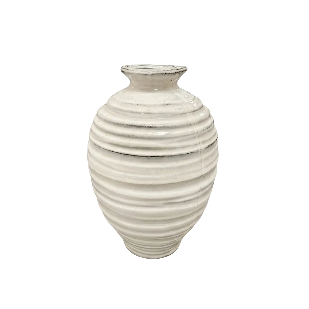 A handmade ceramic vase with a ribbed, horizontal textured pattern and a small flared neck, shown on a seamless white background.