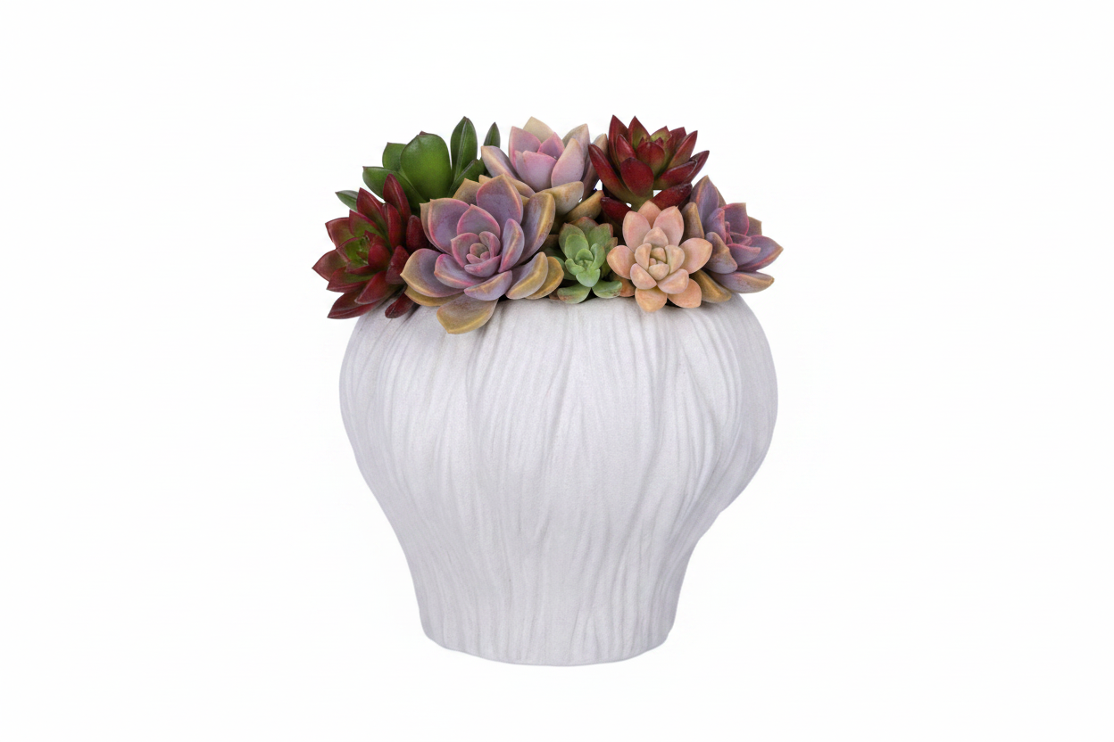 Aliona Bulbous Clay Planter with Wavy Rim & Vertical Ridges