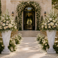 A beautifully styled wedding ceremony aisle leading to an arched stone entrance framed by lush white and cream floral arrangements in large stone urns, with wooden chairs on either side.
