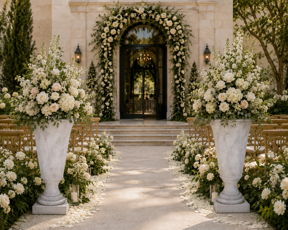 A beautifully styled wedding ceremony aisle leading to an arched stone entrance framed by lush white and cream floral arrangements in large stone urns, with wooden chairs on either side.