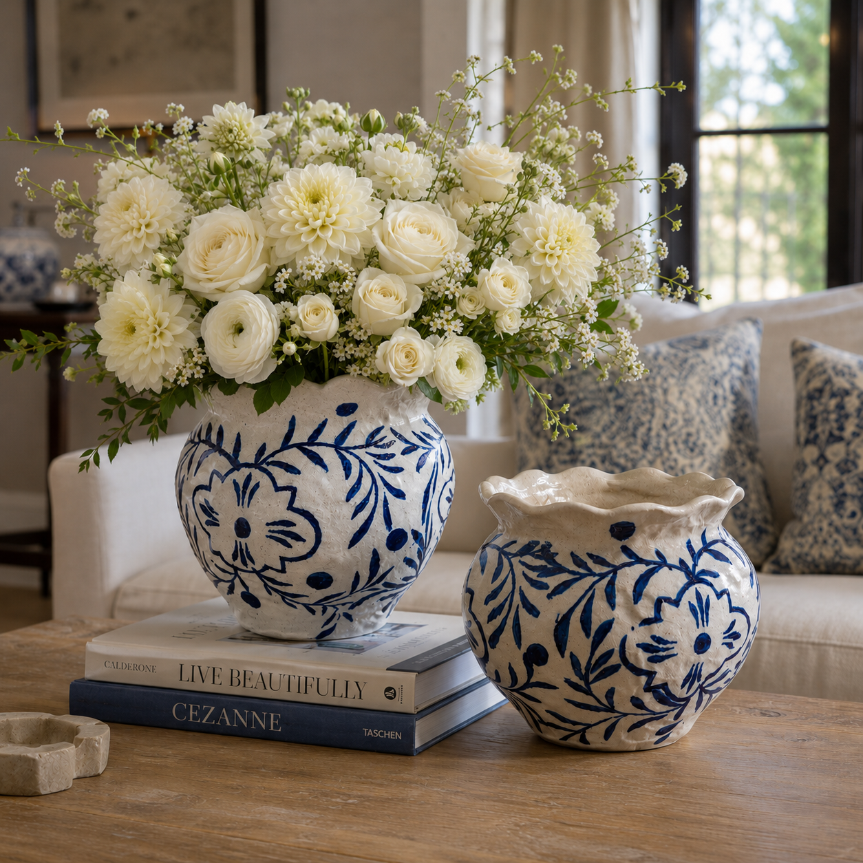 Chloe Chinoiserie Ruffled Rim Ceramic Planter - Small