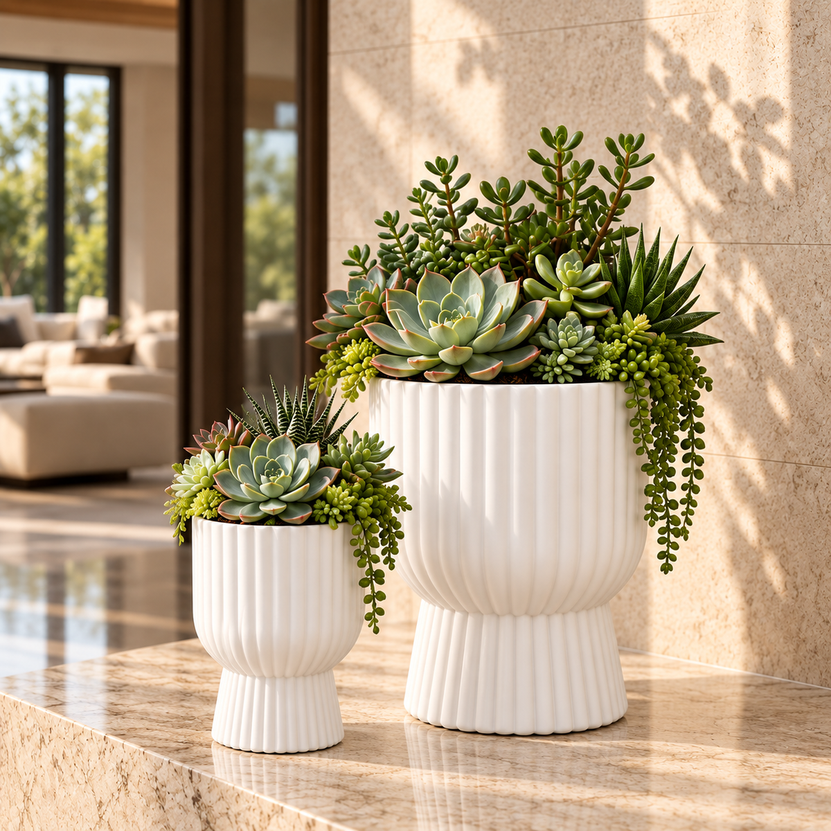 Xena Fluted Pedestal Fiberglass Planter Set (Set of 2)