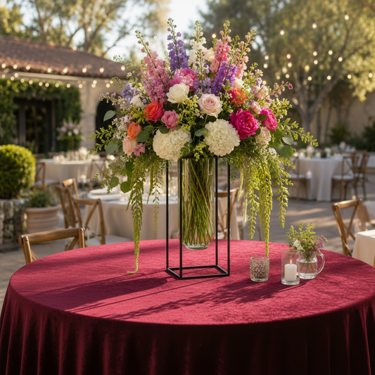 A large floral centerpiece arrangement in a clear glass vase with a black metal frame stand, placed on a round table covered with a deep burgundy tablecloth. The flowers include white, pink, purple, and peach blooms with green foliage.