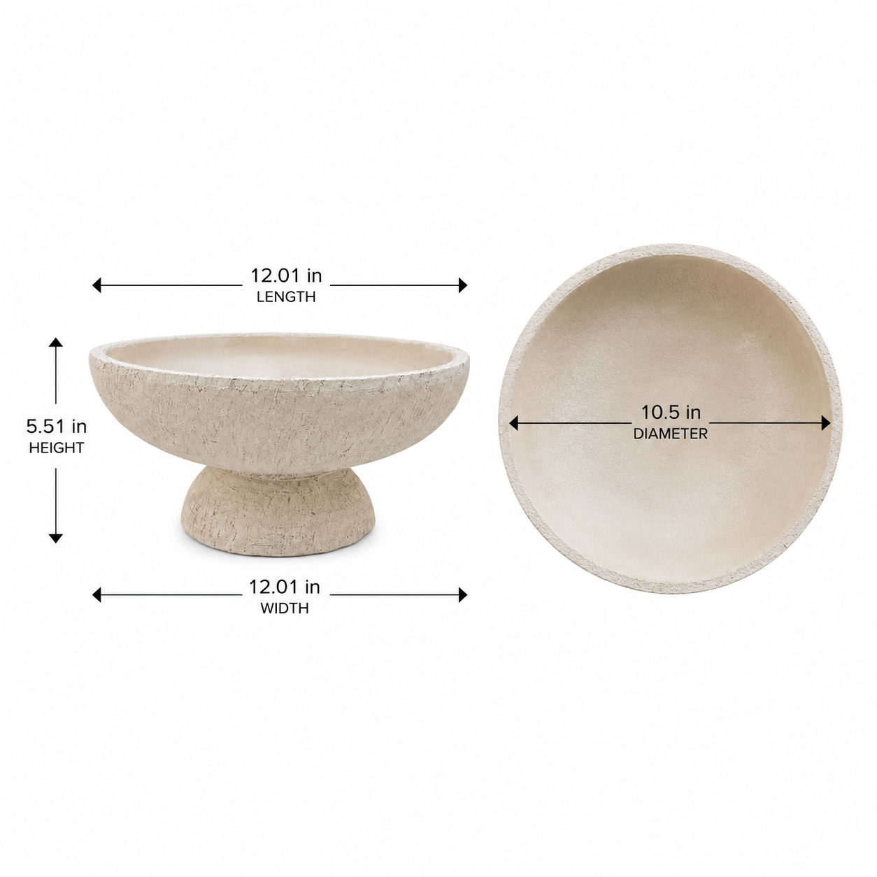 A pedestal bowl shown on a white background with overlaid dimension arrows and labels indicating 12.01 in length, 12.