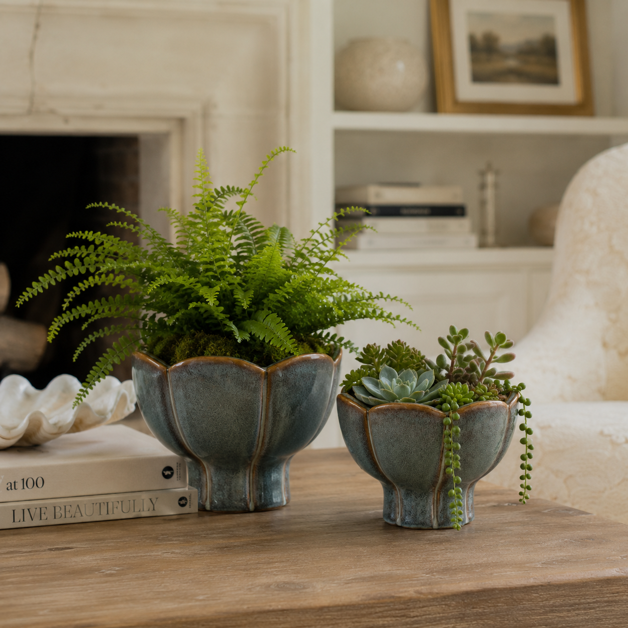 Vixen Scalloped Lotus Pedestal Ceramic Planter - Green