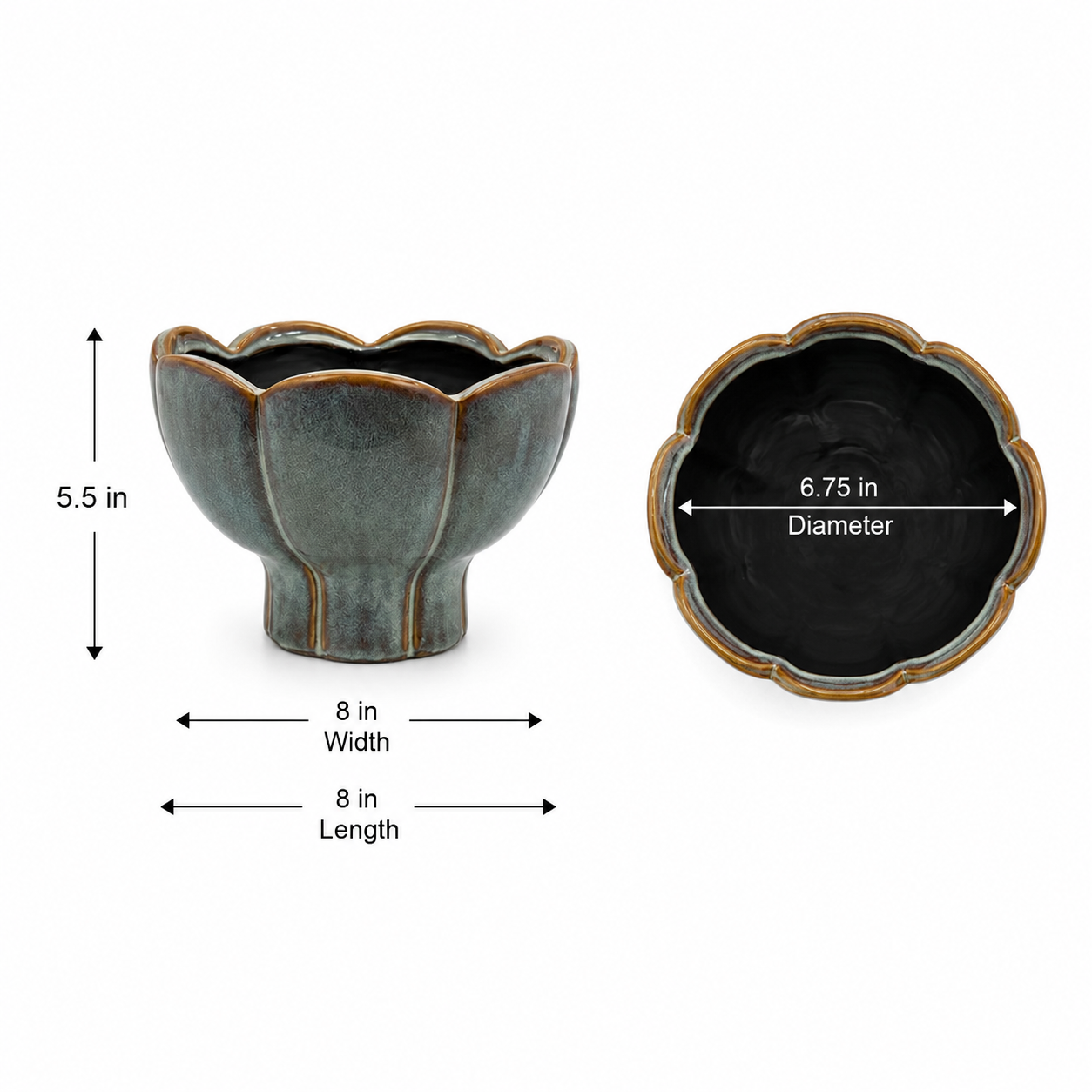 A ceramic flower-shaped planter or bowl shown on a white background with dimension callouts: 5.5 in height, 8 in width, 8 in length, and 6.