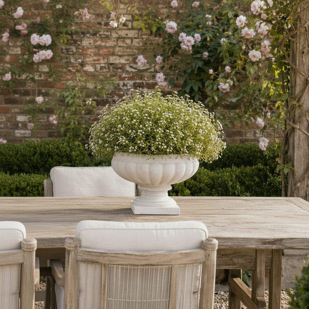 A large white stone-style urn planter filled with dense green foliage and small white flowers, placed on a rustic wooden dining table in an outdoor garden setting with chairs, a brick wall, and climbing roses in the background.