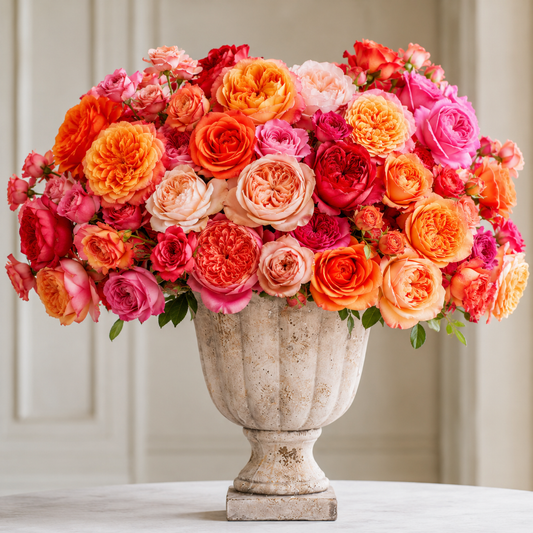 A large, vibrant bouquet of mixed roses in shades of orange, pink, red, and peach, arranged in a distressed white stone urn on a light-colored table against a soft beige paneled wall.
