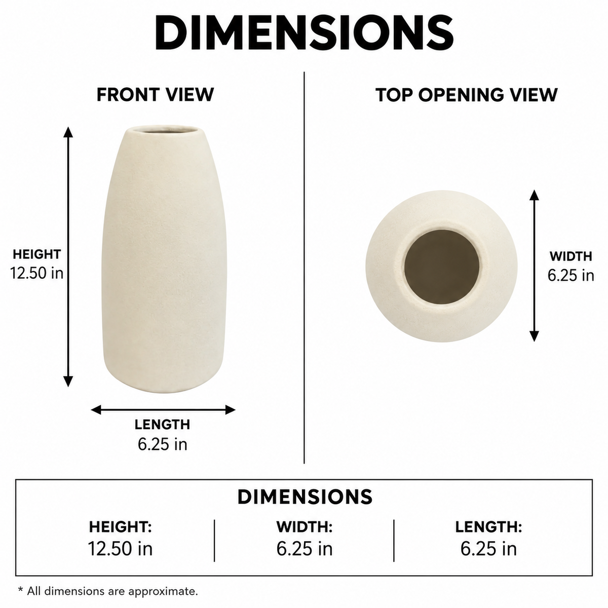 A dimension diagram showing a small matte ceramic vase from front and top views with labeled measurements: height 12.50 in and width/length 6.