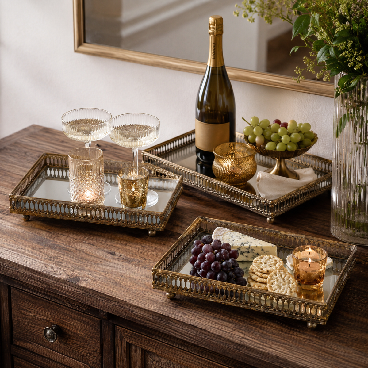 Anahi Antique Gold Mirrored Tray (Set of 3)