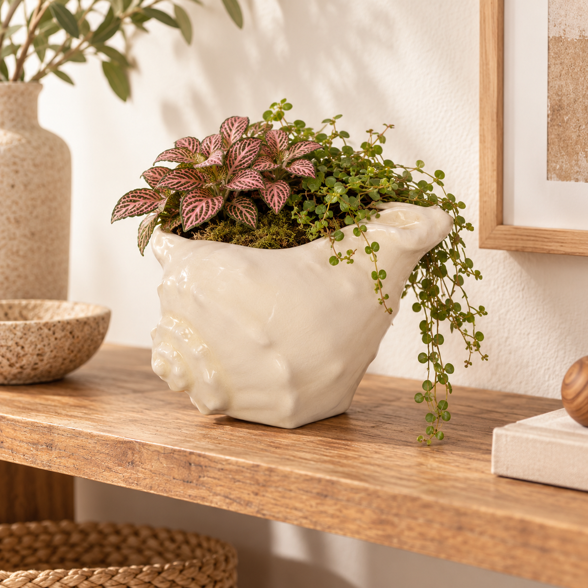 Aqua White Ceramic Shell Planter Decorative Pot