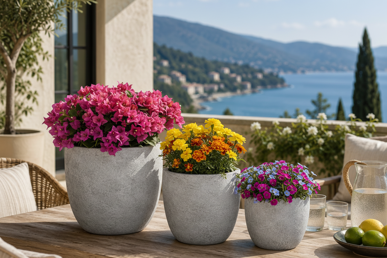 Three round gray concrete planters of different sizes holding green herbs, arranged on a wooden table in an outdoor patio setting with a scenic sea and mountains in the background.