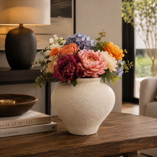 A textured cream-colored ceramic vase filled with a colorful assortment of artificial flowers, including pink, orange, purple, and white blooms with green foliage, displayed on a wooden table in a cozy living room setting.
