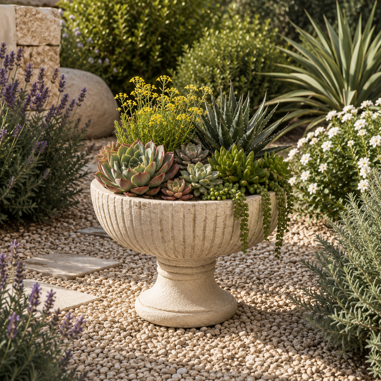Briary Fluted Pedestal Cement Bowl Planter - Large