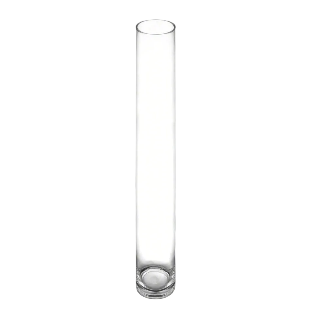A tall, slender clear glass vase with a cylindrical shape and a small circular base, shown against a plain white background.