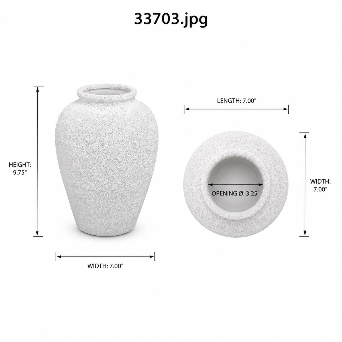 White textured ceramic vase shown with dimension callouts: height 9.75 inches, width 7.